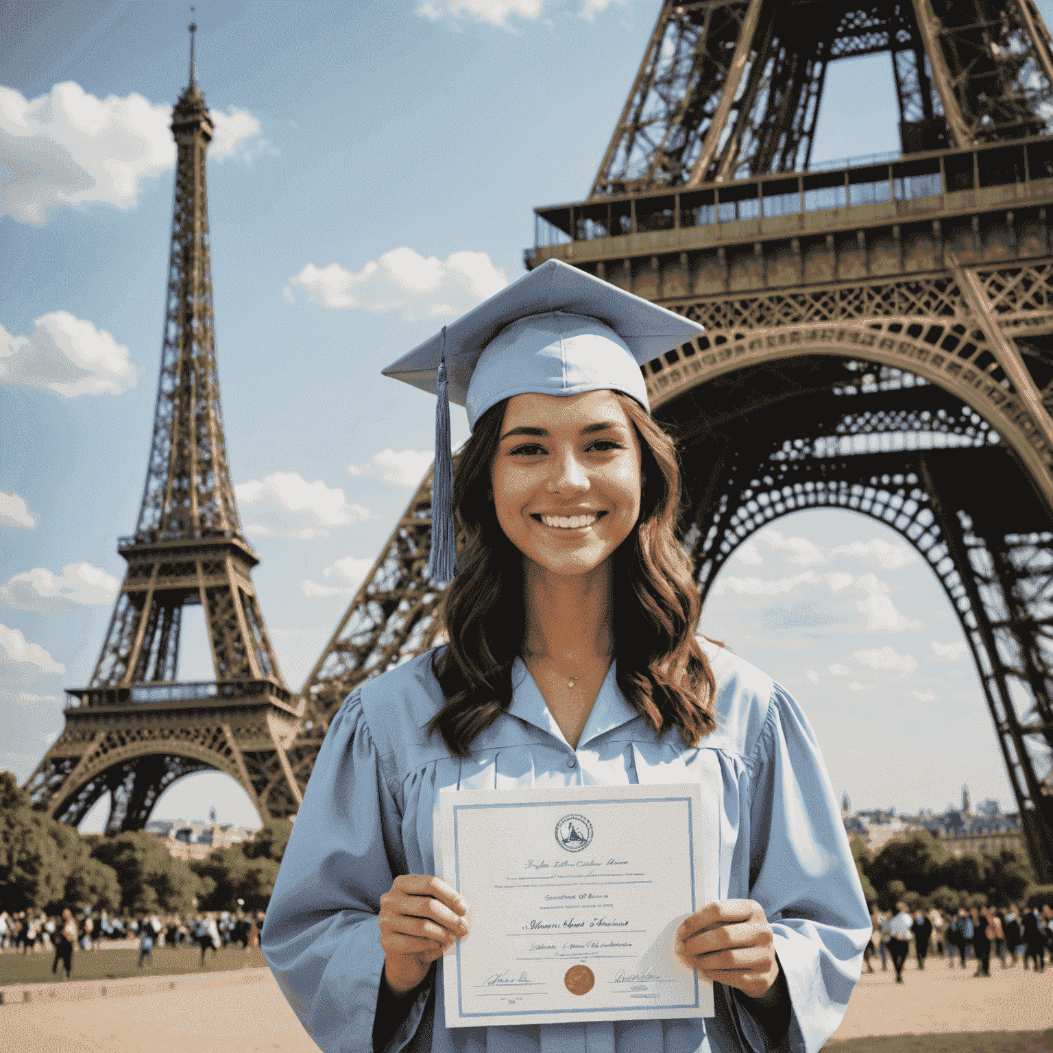 A smiling young woman in a graduation cap holding a LinguaBoost certificate, standing in front of the Eiffel Tower