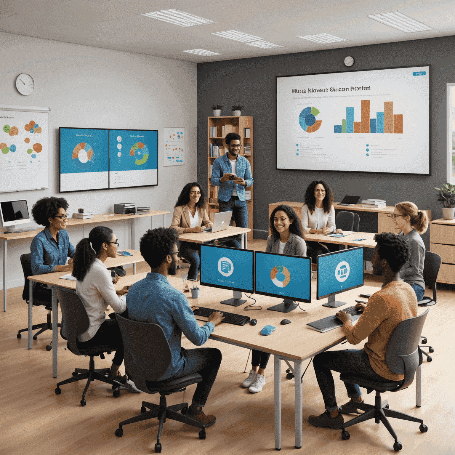 Illustration of diverse students in a virtual classroom, learning languages with interactive screens and a friendly instructor