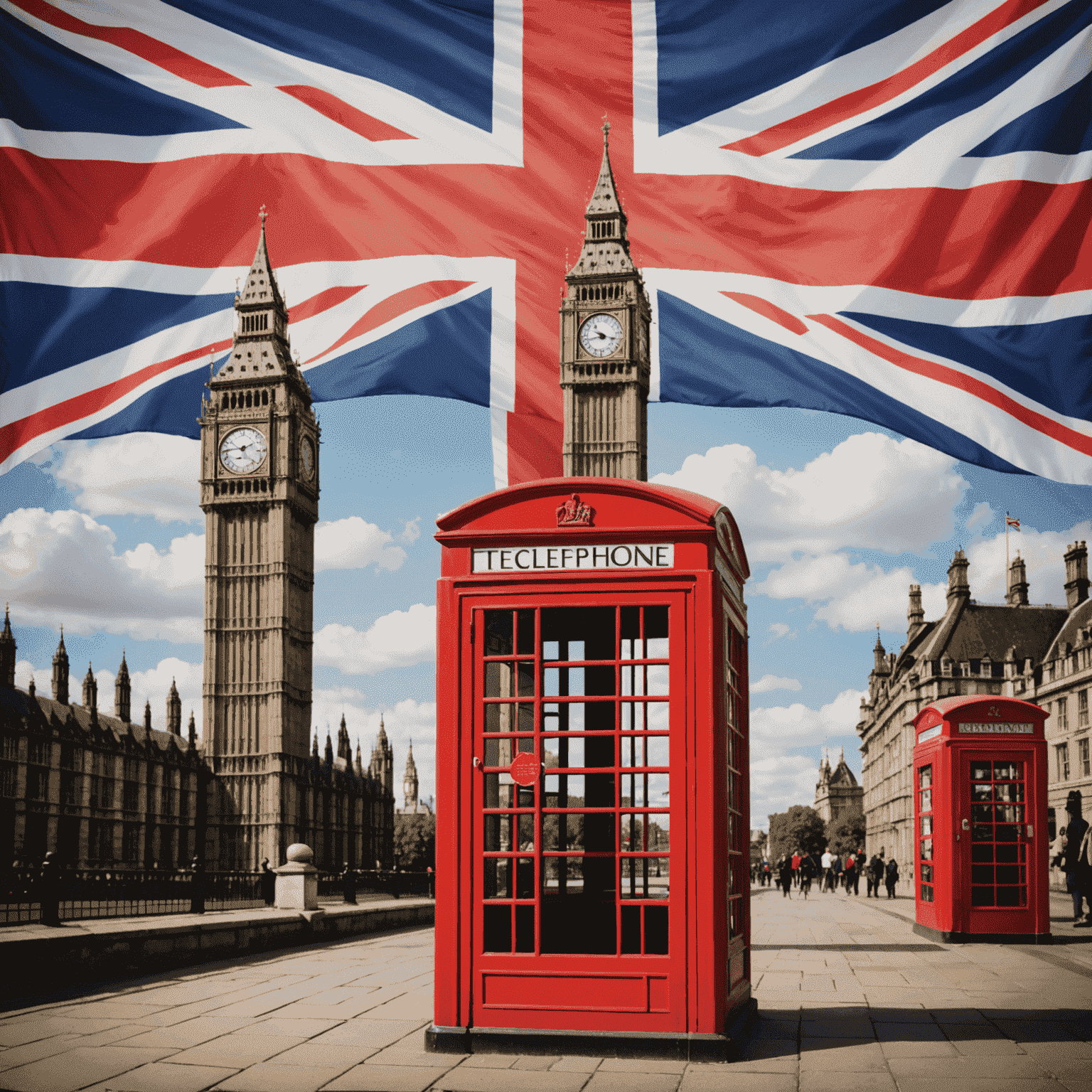 Illustration of English language course with Big Ben, red telephone booth, and Union Jack flag