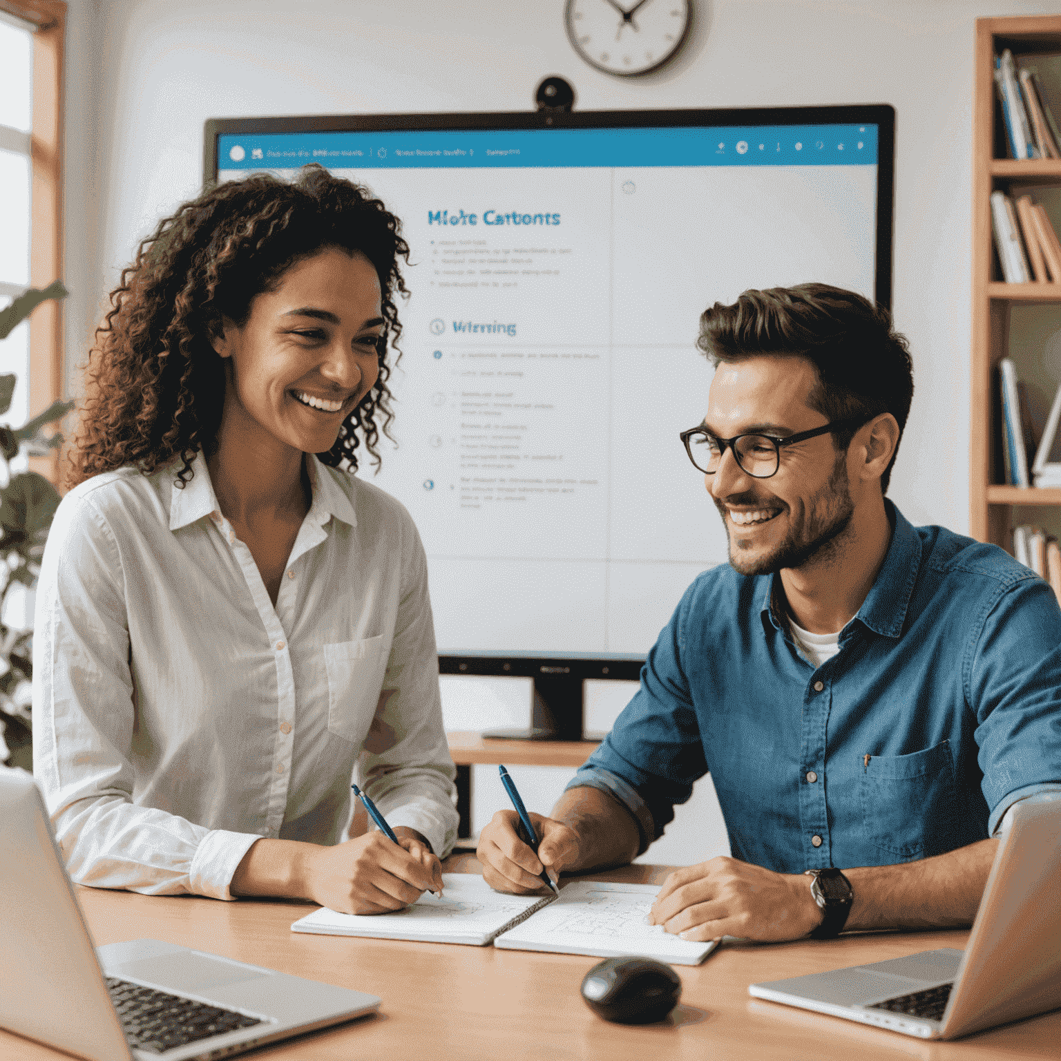 A smiling tutor engaged in a one-on-one online language lesson with a student. The tutor is pointing to a virtual whiteboard with grammar rules and vocabulary words, while the student is taking notes and practicing pronunciation.