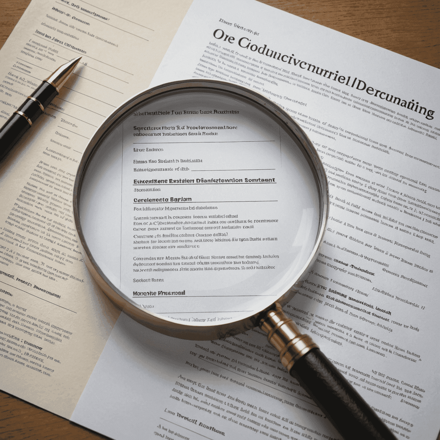 A stack of documents being translated from one language to another, with a magnifying glass focusing on key phrases