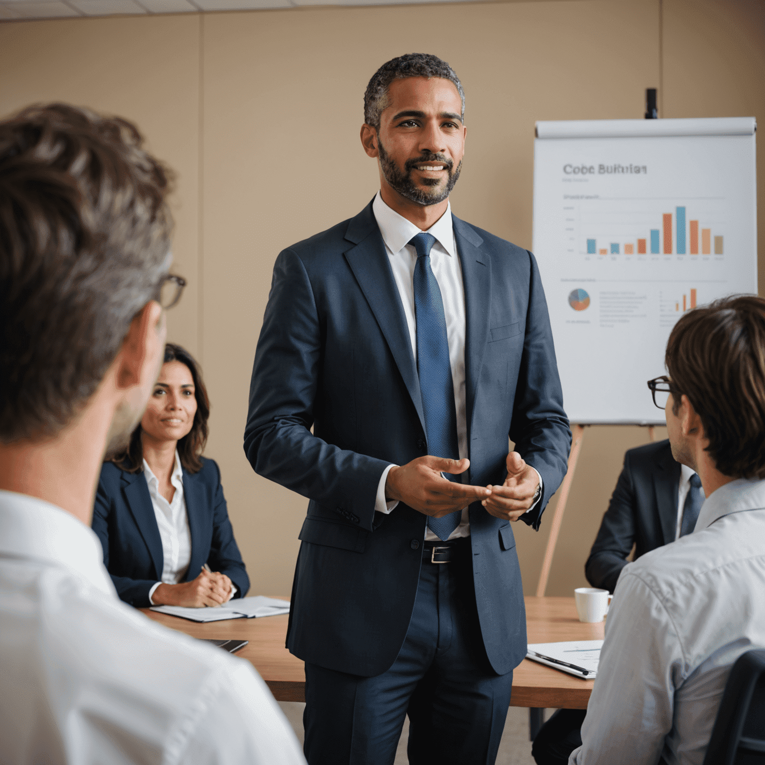 A confident businessman giving a presentation in Spanish to a diverse group of colleagues