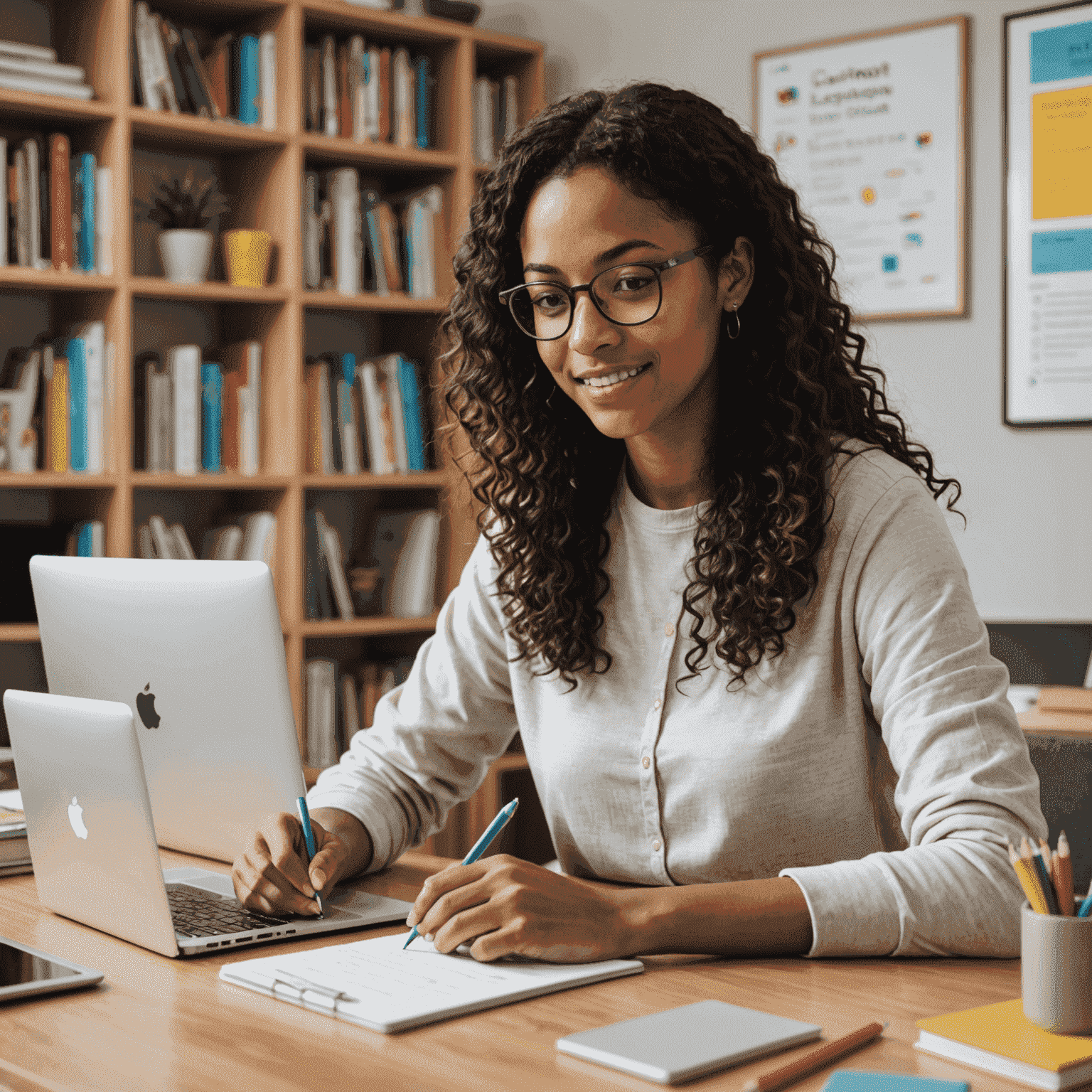 One-on-one virtual tutoring session with a language tutor and student, surrounded by language learning tools and resources