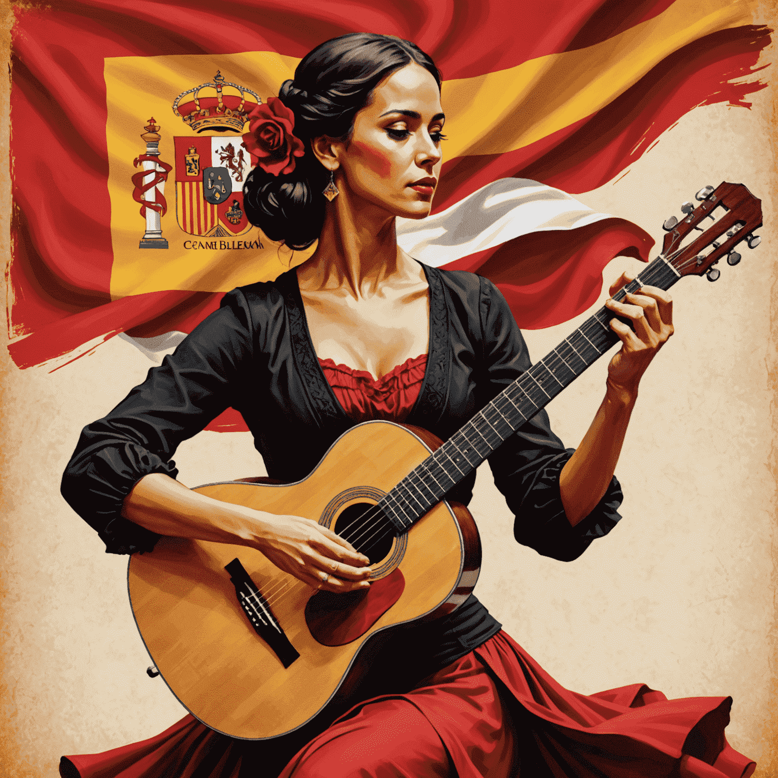 Illustration of Spanish language course with flamenco dancer, guitar, and Spanish flag
