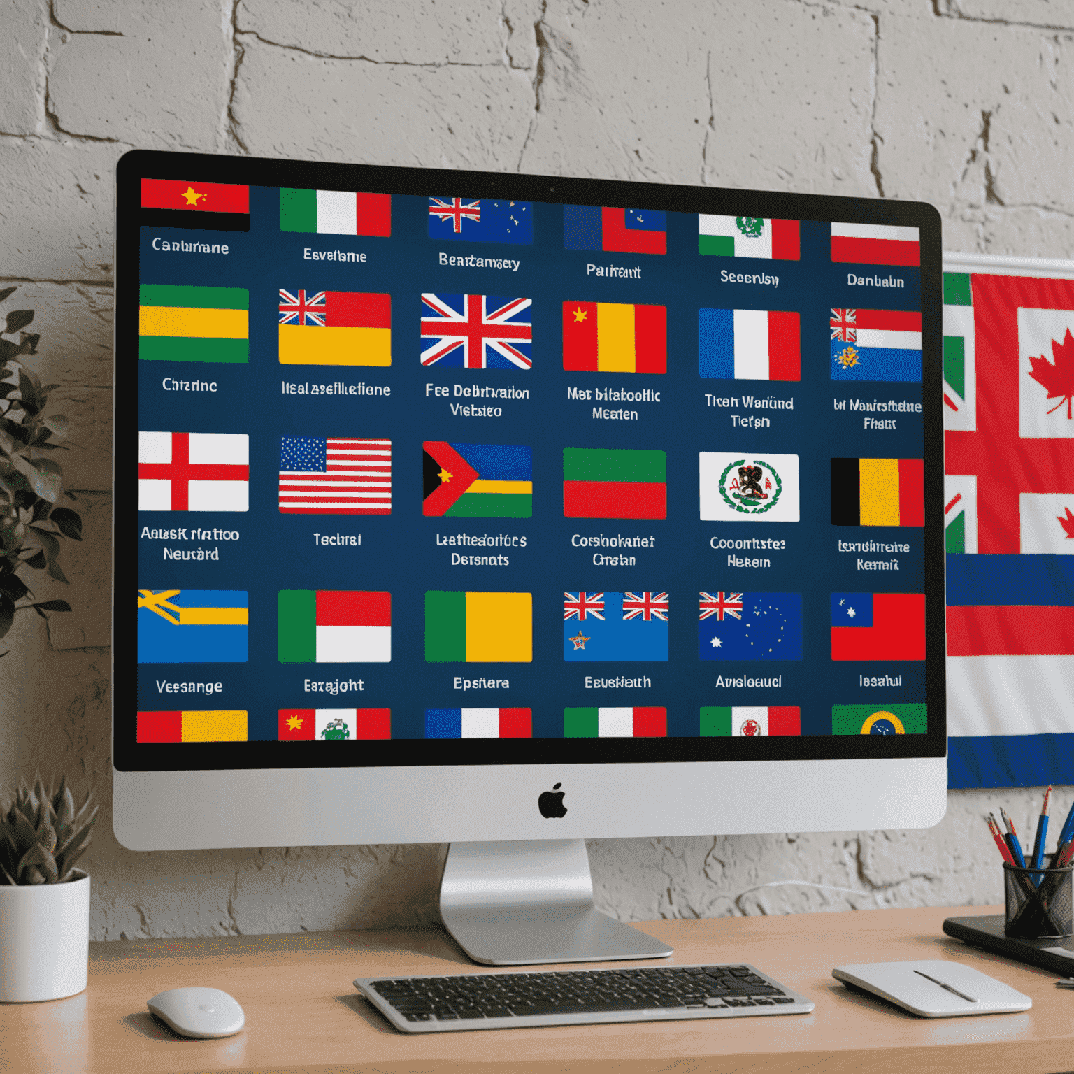 A computer screen showing a website in multiple languages, with flags representing different countries