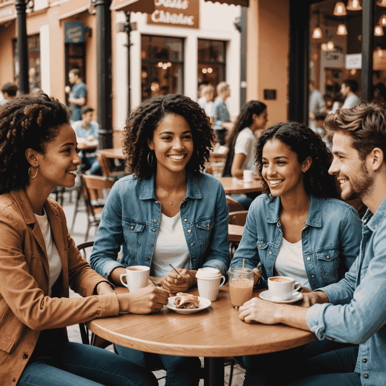 A group of diverse students having a lively conversation in Spanish at a café