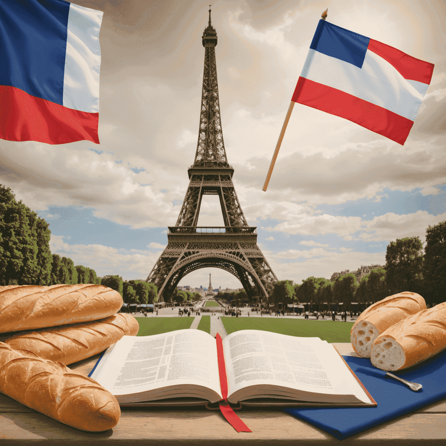Illustration of French language course with Eiffel Tower, baguette, and French flag