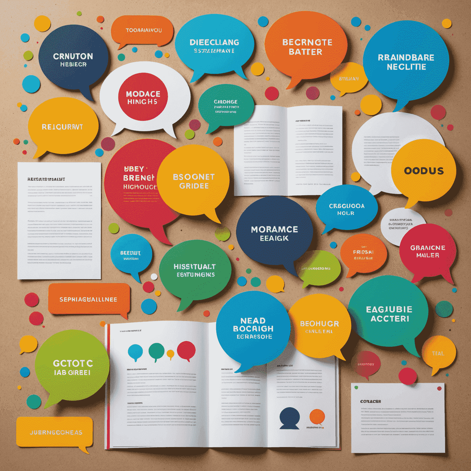 Various marketing materials like brochures and posters in different languages, surrounded by colorful speech bubbles