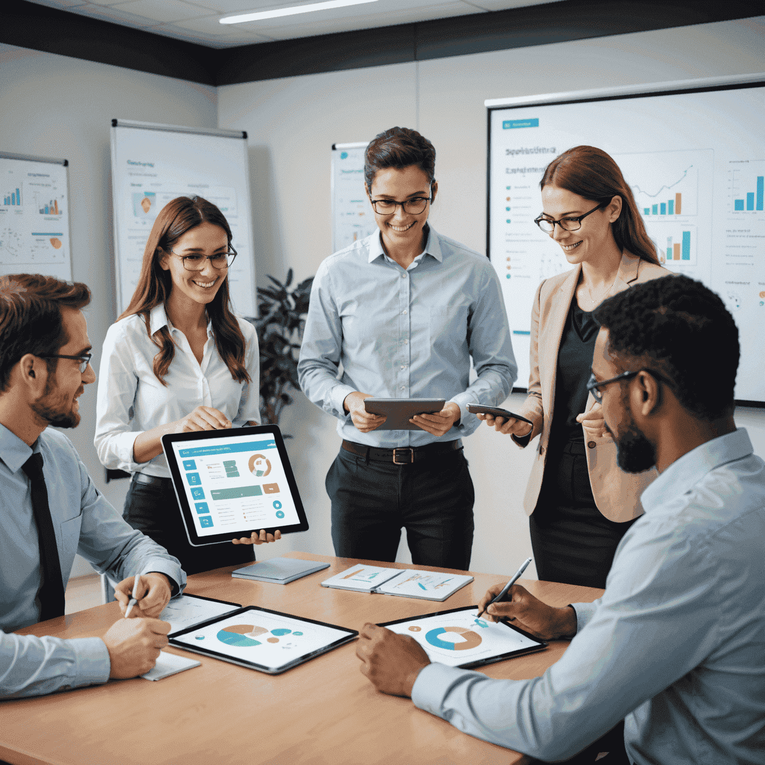 Professional setting with business people engaged in a language workshop, using tablets and interactive whiteboards with business terminology in multiple languages