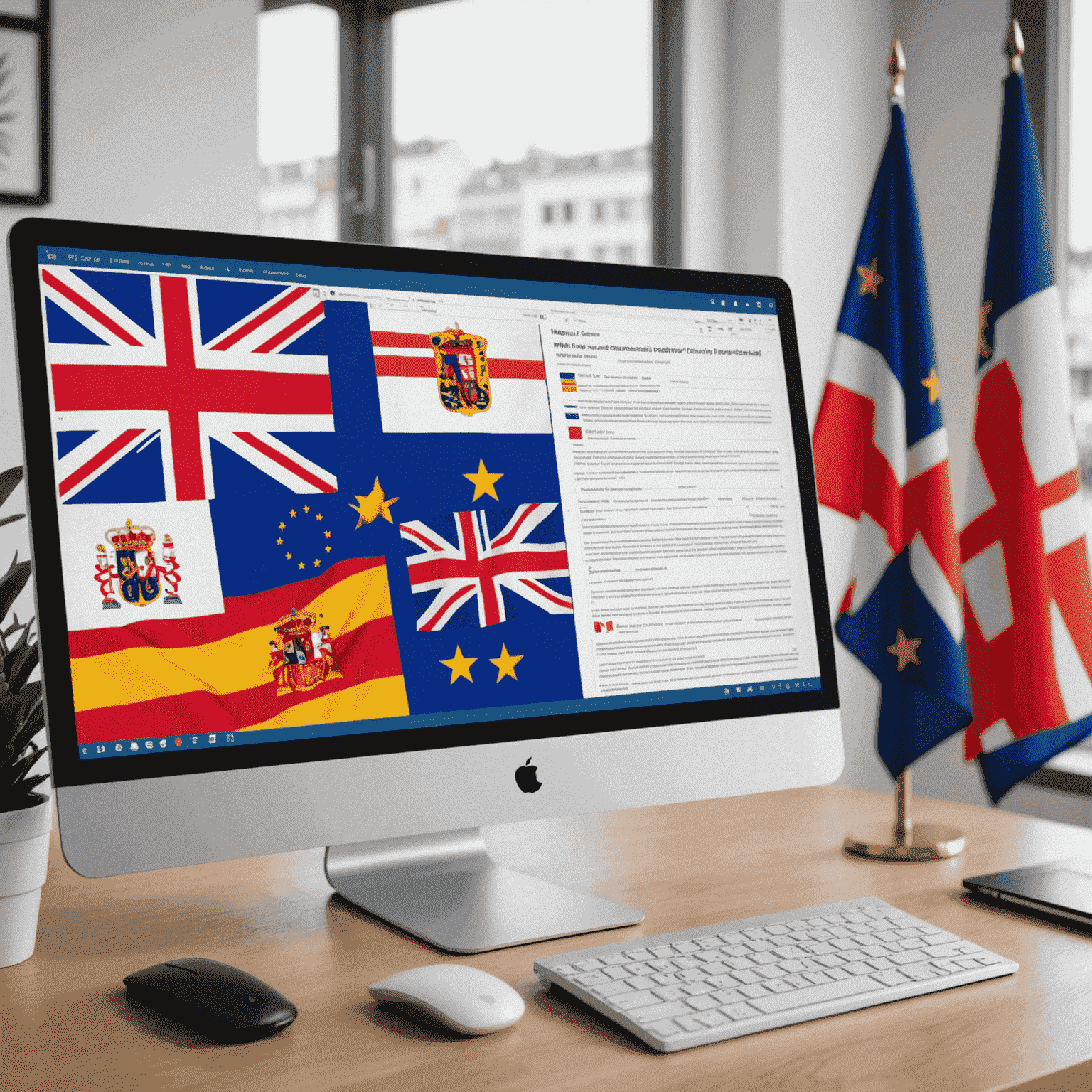 Multilingual documents and a computer screen showing translation software, with flags representing English, Spanish, and French languages